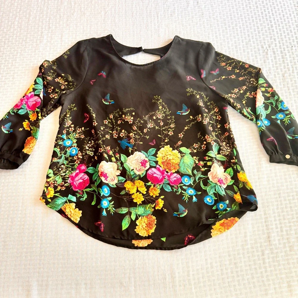 Meraki Floral Butterfly Birds Draped Open Back Blouse Black Large Cottage Whimsy